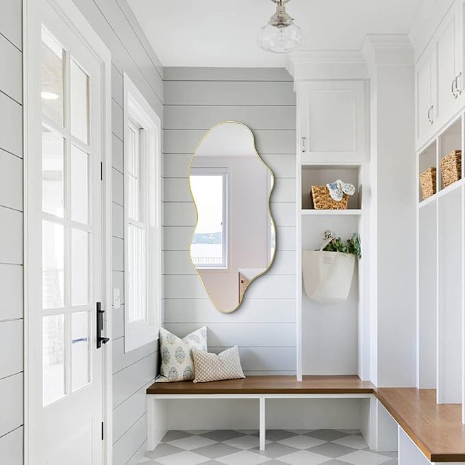 Irregular Wall Mirror, Gold Asymmetrical Mirrors, 47.2"x21.6" Large Wavy Shaped Mirror, Modern Frameless Decorative Mirrors for Living Room Bathroom Bedroom Hallway Entryway Fireplace