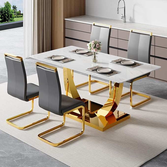 63” Dining Room Table Set for 4,Modern Gold Dining Table Set for 4, Rectangle Kitchen Table Set with Leather Chairs, White Faux Marble Dinner Table Set with Tempered Glass Top and Golden Base