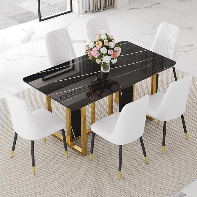 TesNus 63" Black Dining Table Set for 6 with Chairs,Modern Faux Marble Rectangular Kitchen Table and Chairs Set Luxury 7 Piece Dining Room Set with Gold Metal Legs,Easy Assemble,Stable Base