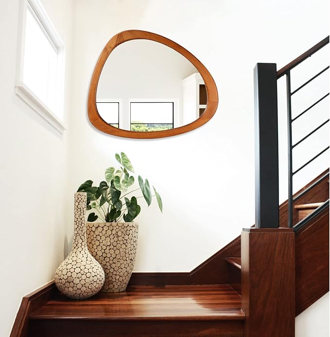 WallBeyond Asymmetrical Mirror, Irregular Wall Mirror for Bathroom, Wall Mirrors Decorative for Bedroom Living Room Entryway Hall, Wood Framed Walnut Mirror 23" H x 19" W