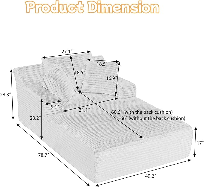 78.7” Chaise Lounge Chair Indoor, Corduroy Upholstered Boneless Sofa Bed with Throw Pillows, Comfy Lounge Sleeper Sofa with Deap Seat for Living Room Bedroom, No Assembly Required, Orange