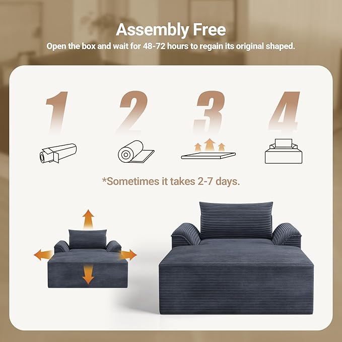 Claiks 68" Oversized Chaise Lounge Chair Indoor, Corduroy Upholstered Boneless Sofa Bed, Deep Seat Sleeper Couch with Pillows and Armrest, Cloud Sofas Reading Chair for Living Room, Dark Gray