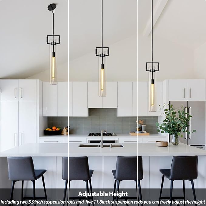 Black Pendant Lights,Modern Glass Pendant Lights Kitchen Island 2 Pack,21.6'' Farmhouse Kitchen Pendant Lighting Over Island for Dining Table,Bathroom,Bedroom