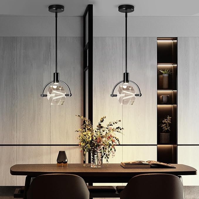 Pendant Ceiling Light Fixture for Kitchen Island, Modern Mini Integrated LED Hanging Light, Crystal Pendant Light in Black, Bedroom, Dining Room, Bar (1-Lights)