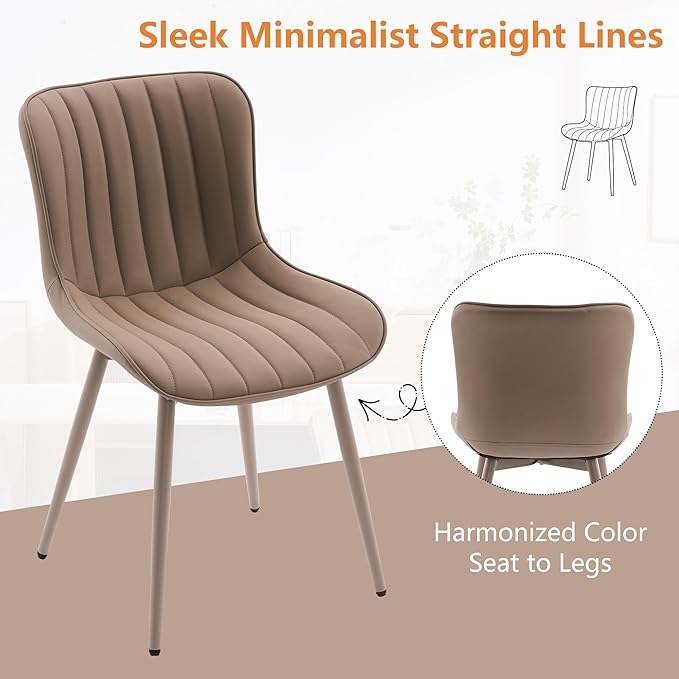 YOUNUOKE Mid-Century Modern Dining Chairs Set of 2, Khaki PU Leather Upholstered Kitchen Chairs with Khaki Metal Legs, Armless Accent Chair for Dining Room, Guest Reception Room