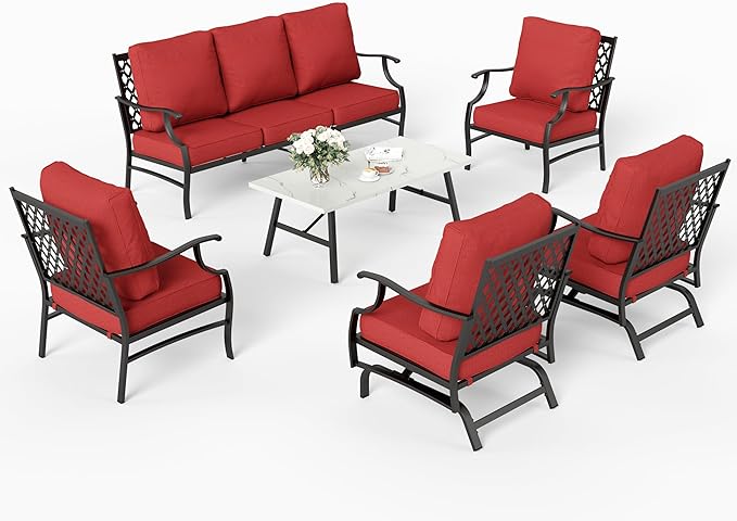 6 Piece Metal Outdoor Patio Furniture Set, Patio Conversation Set 1 3-Seater Sofa, 2 Rocking Chair, 2 Leg Chair with 5.75" Thick Cushion and Coffee Table, Backyard Furniture Set, Red