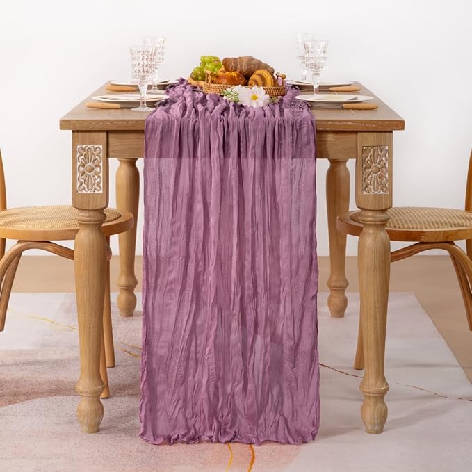 MLMC Purple Table Runner 10ft Rustic Gauze Cheesecloth Fall Table Runner 35x120 Inches Sheer Cheese Cloth Centerpiece for Quinceanera Bridal Baby Shower Boho Wedding Home Decor