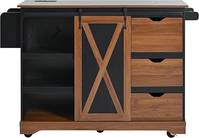 55.5" Farmhouse Kitchen Island with Drop Leaf, Kitchen Storage Island with Barn Door, Power Outlet, for Home, Kitchen, Dining Room, Black