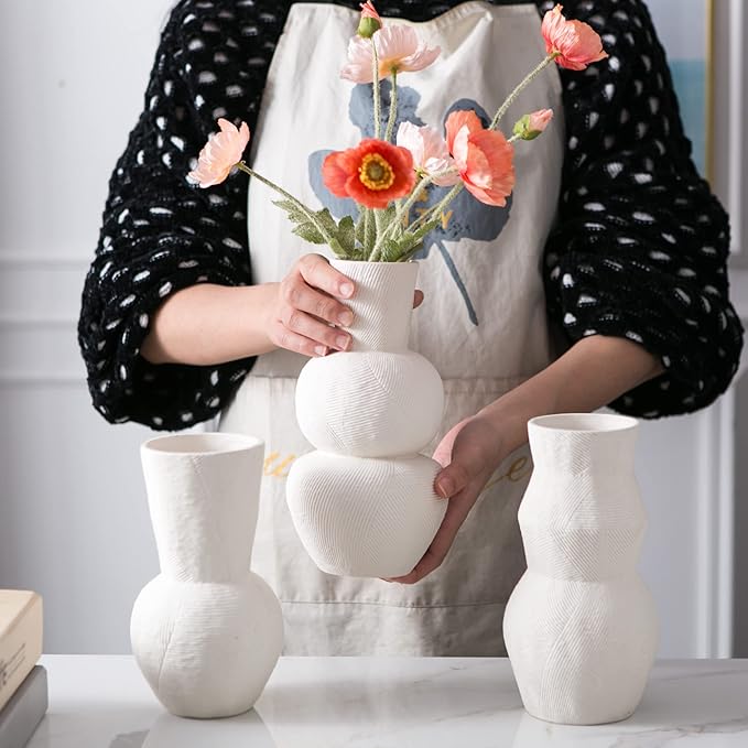 Ceramic Vases for Flowers, Matte White Ribbed Vase Set of 3, Decorative Vases for Pampas Grass, Modern Farmhouse Home Decor, Pottery for Centerpieces, Boho Vases