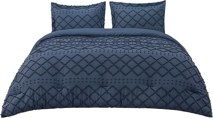 Bedsure Oversized King Comforter Set - Navy Blue Comforter, Boho Tufted Shabby Chic Bedding, 3 Pieces Vintage Farmhouse Bed Set for All Seasons, Fluffy Soft Bedding with 2 Pillow Shams
