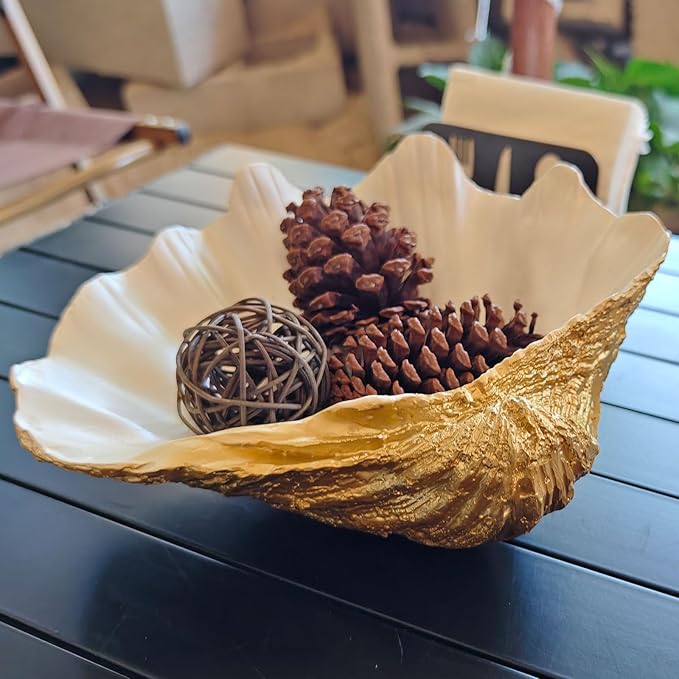 Medium Pearl White Gold Scalloped Clam Shell Bowl Sea Shell Decor for Nautical Beach House,Coastal Decor Gift of Housewarming and Wedding Party