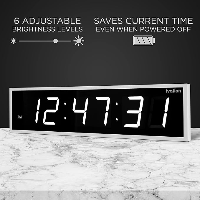 Ivation Oversized 36" Large Digital LED Clock | Big Digital Clock w/Multi-Function Display – Stopwatch, Timer, Alarms, Temp & Date | 6 Brightness Levels, Time Memory & Remote (White)