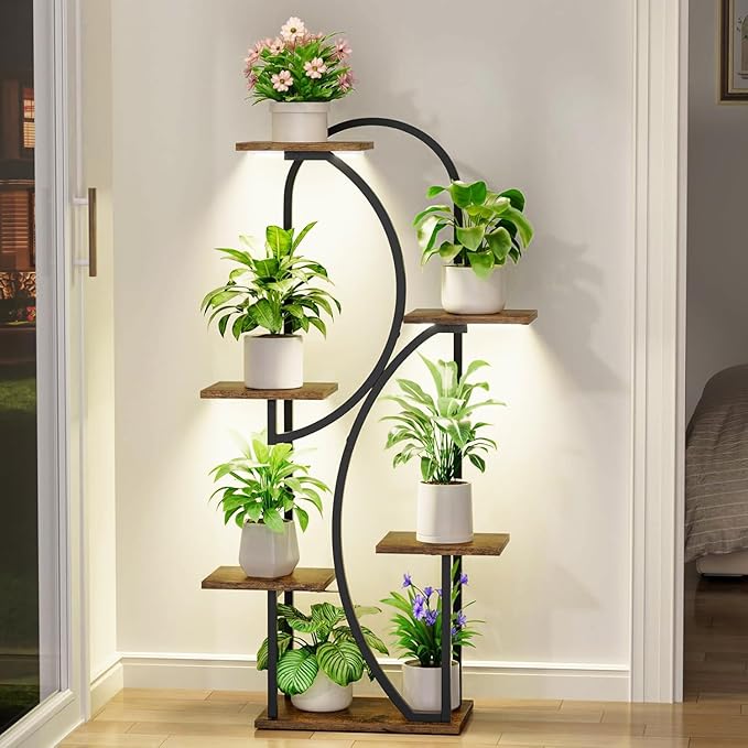 Plant Stand Indoor With Grow Lights - 47" Indoor Plant Shelf, 6-Tiered Corner Plant Stand For Multiple Plants, Lighted Arch-Shaped Flower Display Rack For Living Room, Patio, Hallway