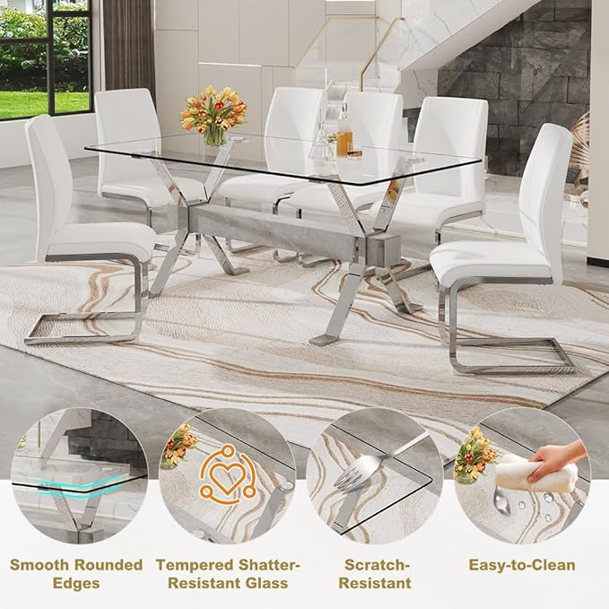 71'' Glass Dining Table Set for 6,7 Piece Dining Table Set with Tempered Glass Tabletop and Open‑Frame X‑Shaped Metal Base,Kitchen Table and Chairs Ideal for Dining Room&Home Office