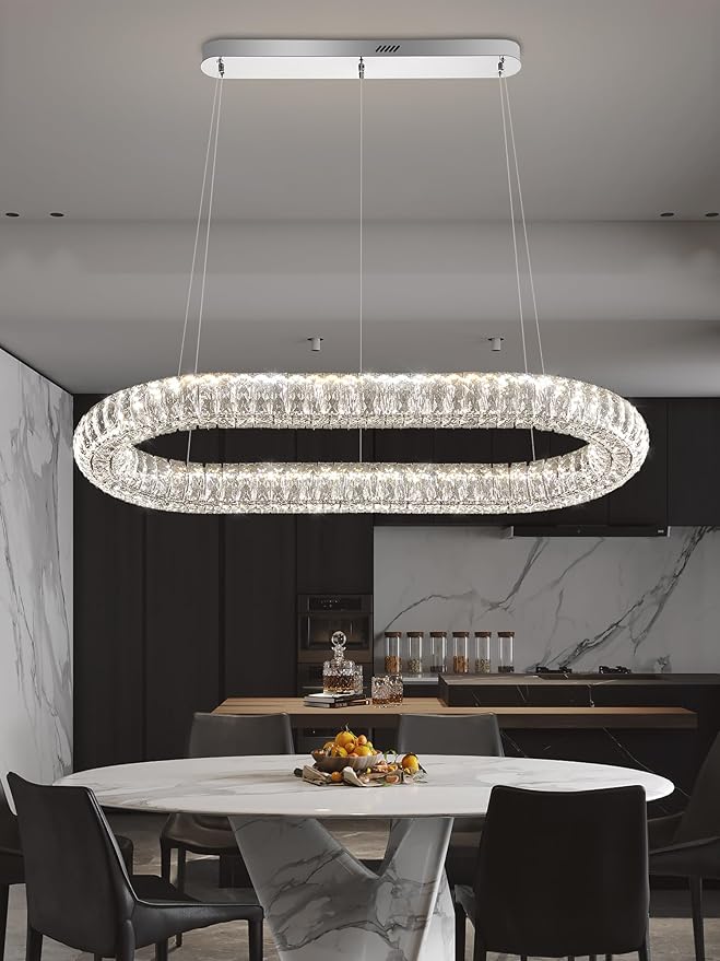 Oval Crystal Chandelier, 40'' Chrome Crystal Ring Pendant Light for Kitchen Island Modern Linear Oval Chandeliers for Dining Room Dimmable 3000K-6000K