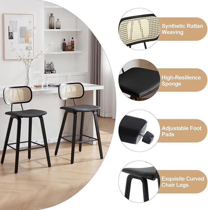 Counter Height Bar Stools Set of 3, PU Leather Upholstered Rattan Barstools, 26" Mid Century Modern Bar Chairs with Black Wood Legs, Armless Kitchen Island Dining Bar Chair, Black