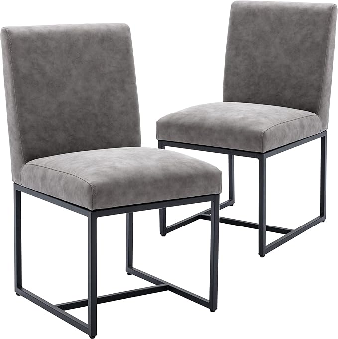 VESCASA Faux Leather Upholstered Dining Chairs with Black Metal Frame, Mid Century Modern Padded Kitchen Chair with Adjustable Foot Pads for Restaurant, Dining Room, Set of 2, Light Grey