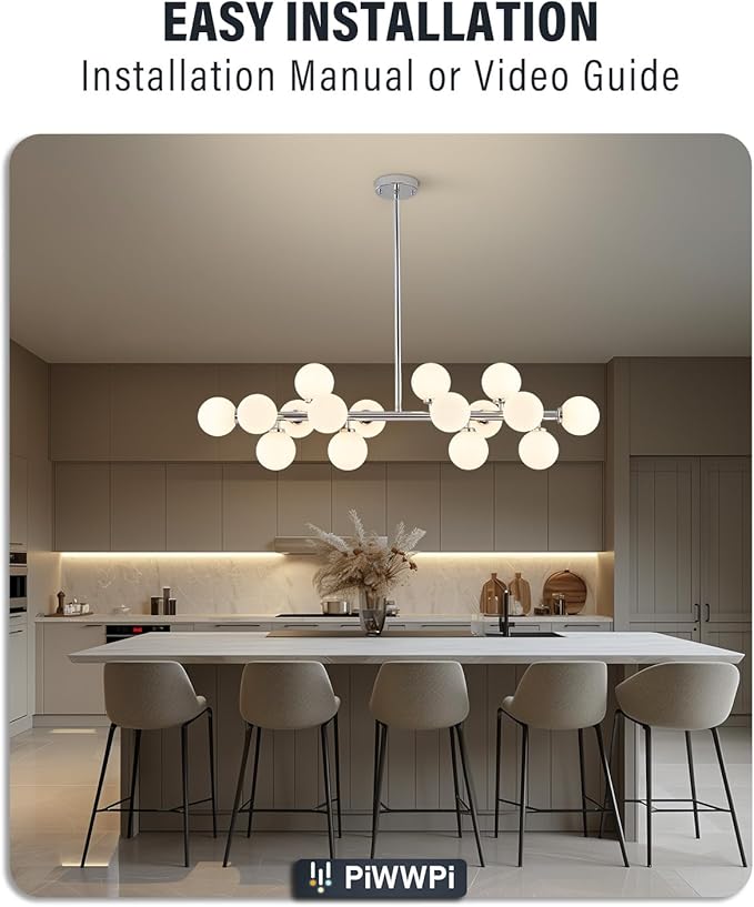 Glass Globe Sputnik Chandelier, 16-Light Mid Century Modern Light Fixture Over Table, Linear Chandeliers for Dining Room, Kitchen Island, Chrome and Milk White Bubble, 40 Inch, GC-02