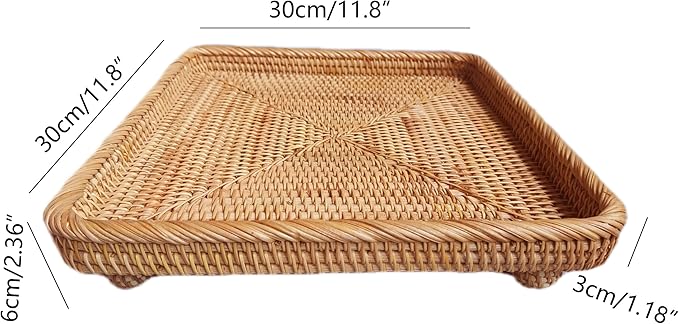 i-lan 12.5" Square Rattan Serving Basket - Square Woven Bread, Fruit, Keys Bowl Pedestal Stand with 1”Side,Flat Wicker Decorative Snack Basket Trays for Candy Dish,Rustic Platter,Display Riser