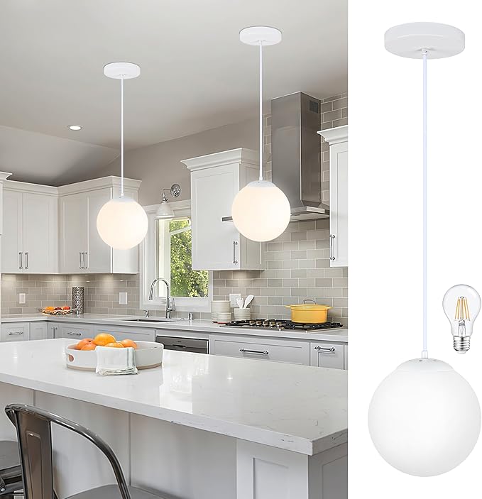 KoKo&Yukina 8 Inch Globe Pendant Light White Globe Pendant Lights Kitchen Island Mid Century Light Fixture with Milky White Glass Shade Adjustable Cluster Lights for Dining Room Living Room