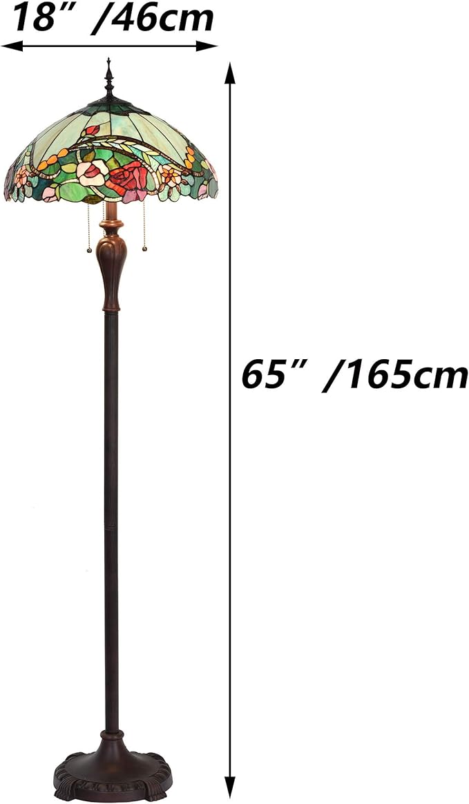 Bieye L10740 Rose Flower Tiffany Style Stained Glass Floor Lamp with 18-inch Wide Shade for Reading Working Bedroom, 3 Lights, 65 inch Tall