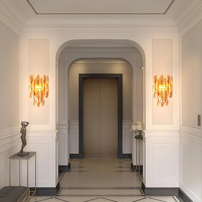 Brass Wall Sconce, 2-Light Amber Glass Sconce Wall Lighting, Gold Wall Light Vanity Light for Bathroom, Wall Lamp for Living Room, Bedroom,Vanity, Stairs, Hallway, Farmhouse