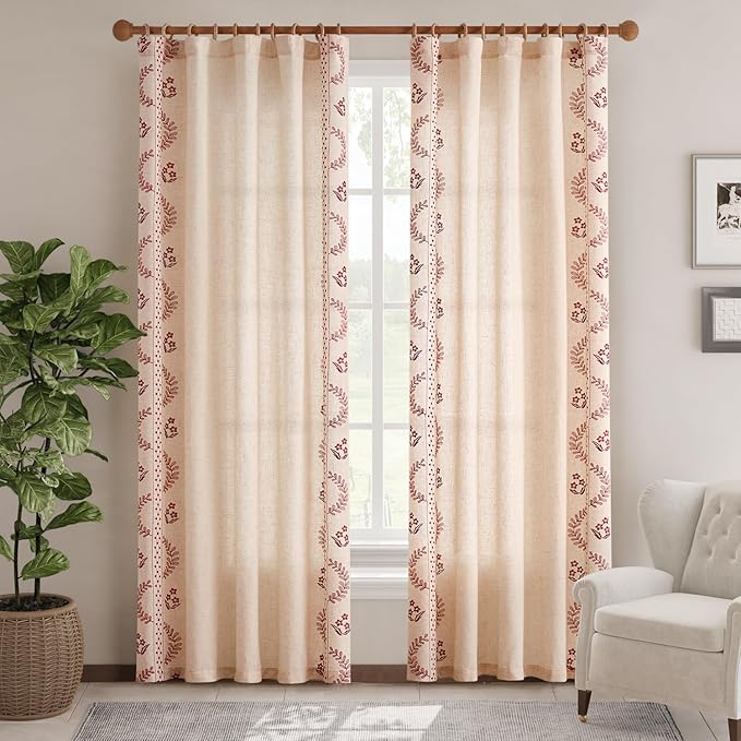 jinchan Belrose Linen Curtains for Bedroom Floral Curtains 84 Inch Length Linen Blend Burgundy Red Embroidered Drapes Farmhouse Flower Patterned Drapes for Living Room Window Treatments Set 2 Panels