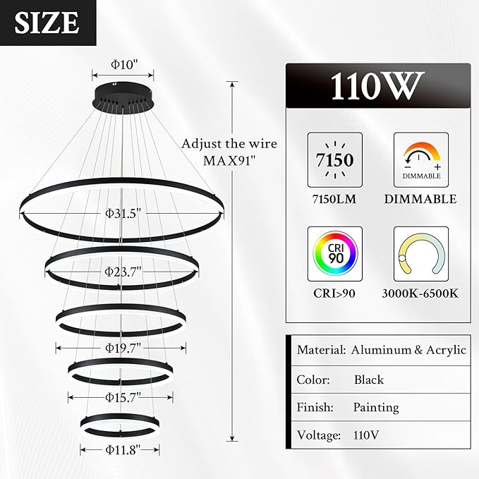 5-Rings D31.5’’ Modern LED Chandelier Black Dimmable High Ceiling Chandeliers Foyer with Remote Control for Entryway Living Room Dining Room Staircase, 3000K-6500K