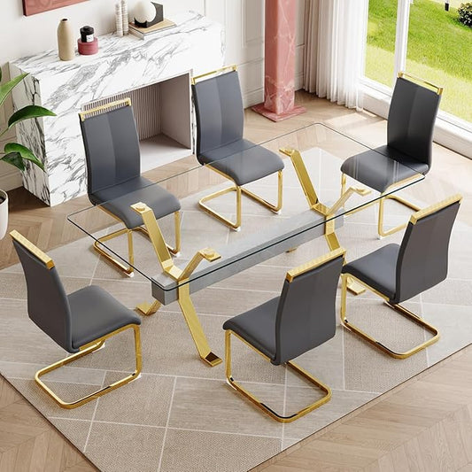 7 Piece Glass Dining Table Set, Kitchen Table Chairs Set for 6, 71'' Dining Table with 0.4" Tempered Glass Tabletop with Plated Metal Legs and MDF Crossbar, 6 PU Chairs for Dining Room, Kitchen.