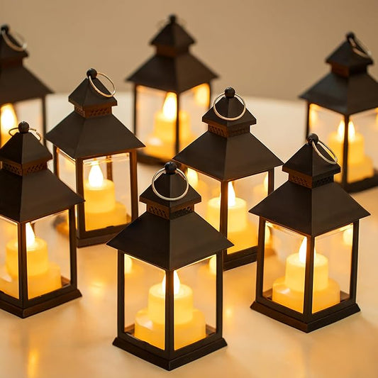 Romadedi Mini Lanterns Decorative for Centerpiece - 10 PCS Hanging Small Black Lantern Bulk with Flickering LED Candles for Halloween Decorations Wedding Decor Christmas Table, Batteries Included