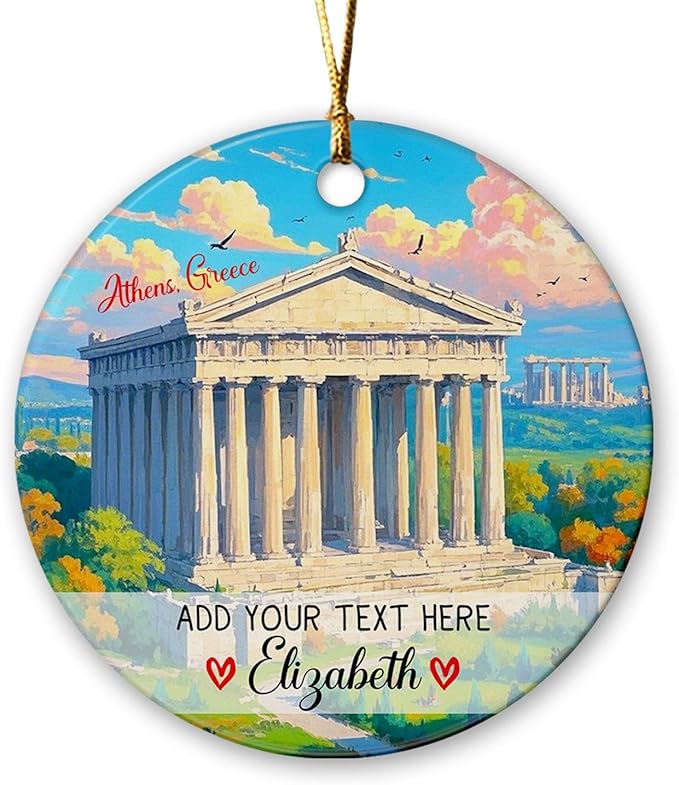 Personalized Athens. Greece Ceramic Christmas Tree Ornament 2025, Parthenon Temple On The Acropolis Xmas Ornaments, Custom Text/Name Greece Travel Souvenir Christmas Ornament Gifts for Family Friends