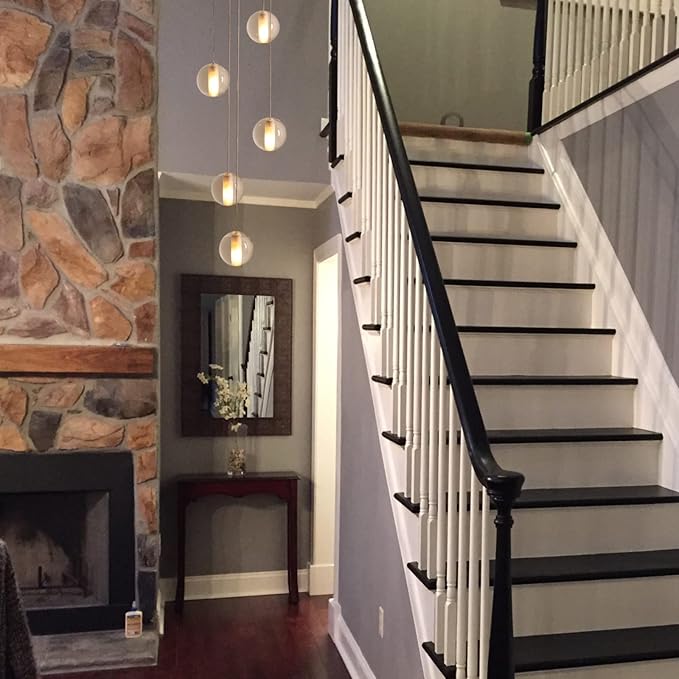 5 Lights Nickel Foyer Chandeliers for High Ceilings Raindrop Crystal Ball Staircase Chandelier Dimmable LED Entryway Pendant Light Hanging for Dining Room Hallway, Include Bulbs