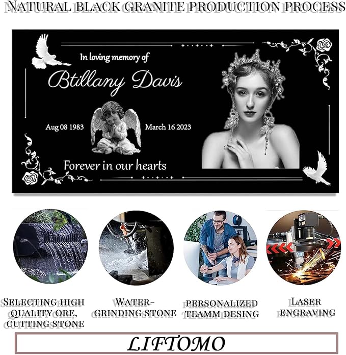 Personalized Headstone with Photo, Memorial Stone, Headstones for Graves, Grave Markers, Black Granite Garden Stone, Memorial Plaques for Outdoor, Grave Decoration for Cemetery (Picture right)