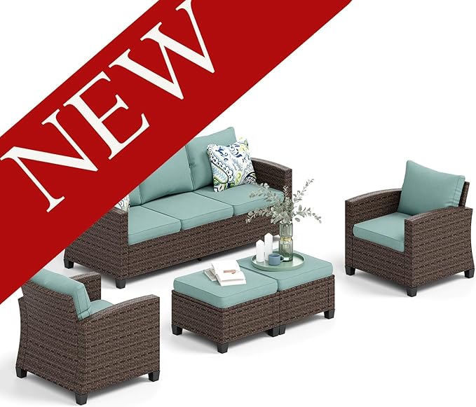 HERA'S HOUSE 5 Pieces Wicker Patio Furniture Outdoor Furniture Set, 7 Seats Patio Conversation Sofa Sets for Lawn Deck Backyard, Blue