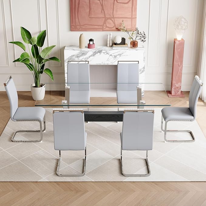 7 Piece Glass Dining Table Set, Kitchen Table Chairs Set for 6, 71'' Dining Table with 0.4" Tempered Glass Tabletop with Plated Metal Legs and MDF Crossbar, 6 PU Chairs for Dining Room, Kitchen.