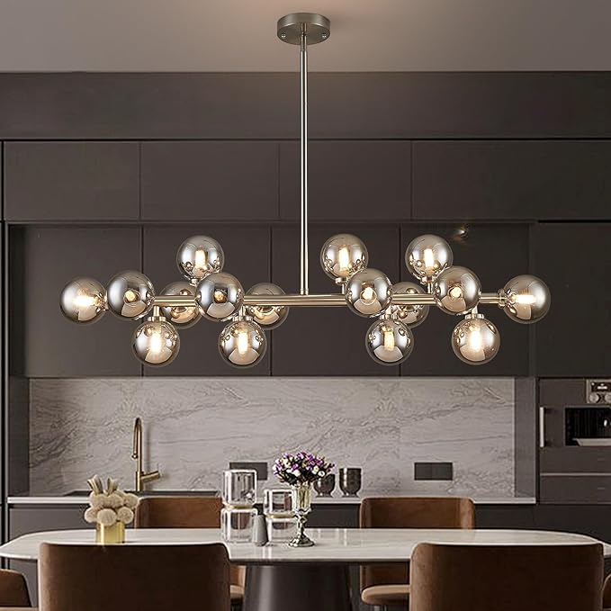 Glass Globe Sputnik Chandelier, 16-Light Mid Century Modern Light Fixture Over Table, Linear Chandeliers for Dining Room, Kitchen Island, Nickel and Smoke Grey Bubble, 40 Inch, GC-02