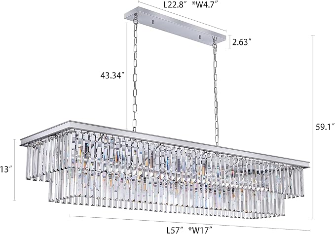 Wellmet Chrome Chandelier 57 inch, 13-Light Modern Rectangular Crystal Chandelier Ceiling Hanging, Linear Chandeliers Light Fixture for Living Room, Dining Room, Bedroom, Kitchen Island