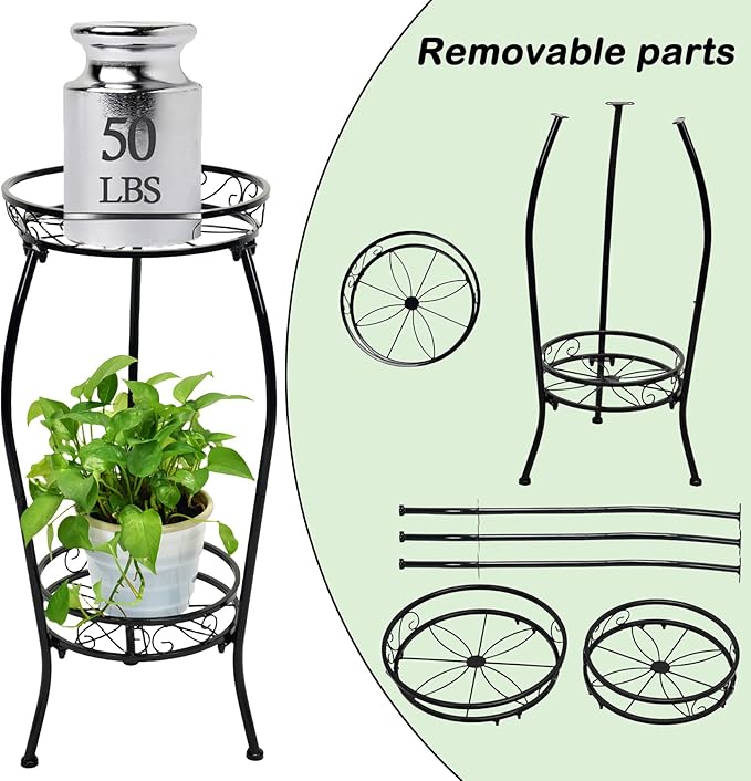 Plant Stand Indoor Outdoor 2 Tier 26.77" Tall Metal Potted Holder Rack Flower Pot Stand Heavy Duty Plant Shelf Rustproof Iron Multiple Plant Round Supports Rack Garden Balcony Patio Plants
