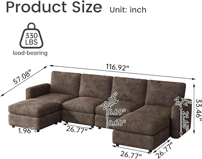 6-Seat Modular Sectional Sofa Couch with Ottoman Storage, Convertible Sleeper Sofas for Living Room Bedroom Apartment, Comfy Brown Cloud Futon Lounge Couches Furniture Set