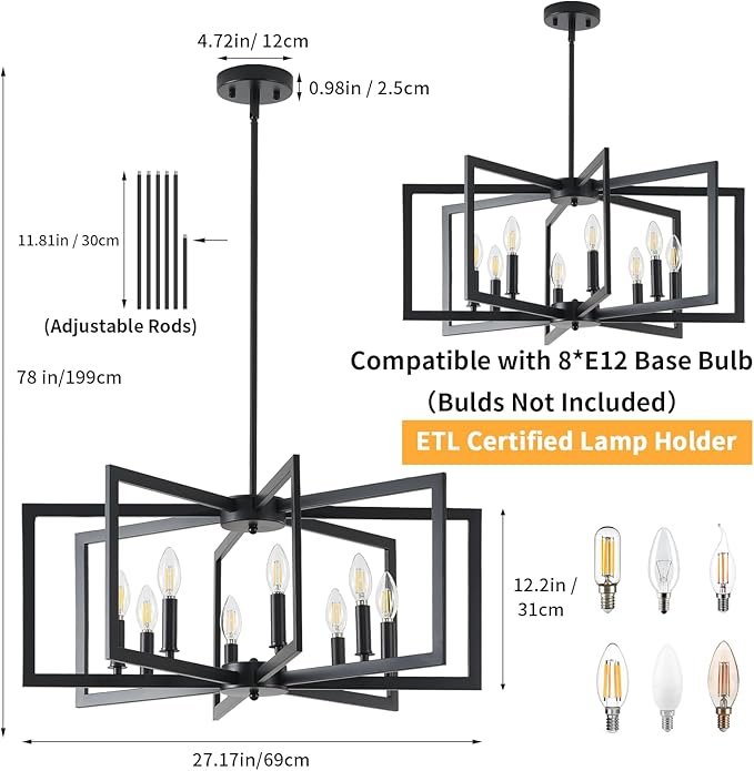 Black Chandelier for Dining Room, 8-Light Kitchen Chandelier Light Fixture Modern Metal Industrial Large Chandeliers for Farmhouse Entryway Living Room (E12 Bulbs Not Included)