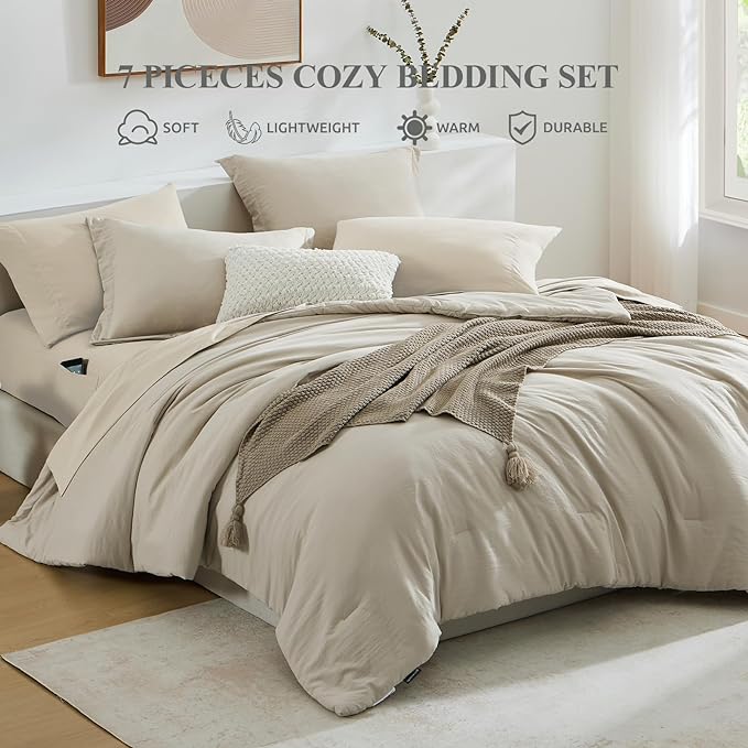 WRENSONGE Twin Comforter Set- 5 Pieces Light Oatmeal Twin Bed in a Bag, All Season Twin XL Bedding Sets with 1 Fitted Sheet, 1 Flat Sheet, 1 Pillow Sham and 1 Pillowcase