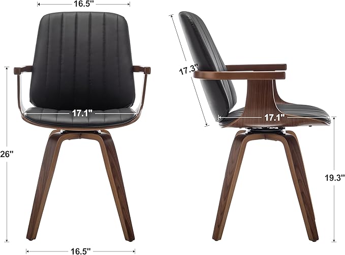 Swivel Dining Chairs, Set of 2 Kitchen Swivel Chairs with Walnut Craftsmanship, Upholstered Faux Leather, Wooden Arms and Legs, Walnut Dining Chairs for Kitchen/Living Room (Black, Swiv)