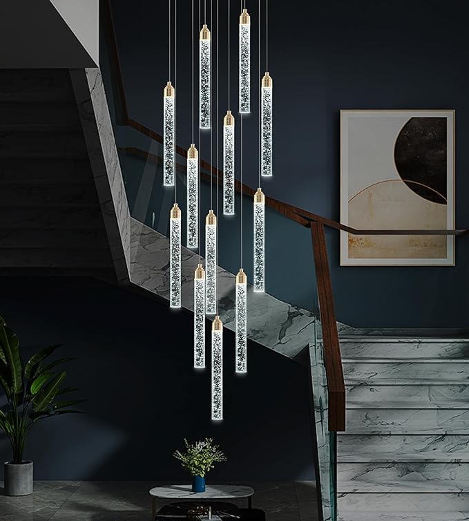 12-Lights High Ceiling Crystal Staircase Chandelier Gold, Modern Spiral Raindrop Dimmable LED Bubble Cluster Ceiling Hanging Lighting Fixture for Foyer Living Room Entrance Remote Control