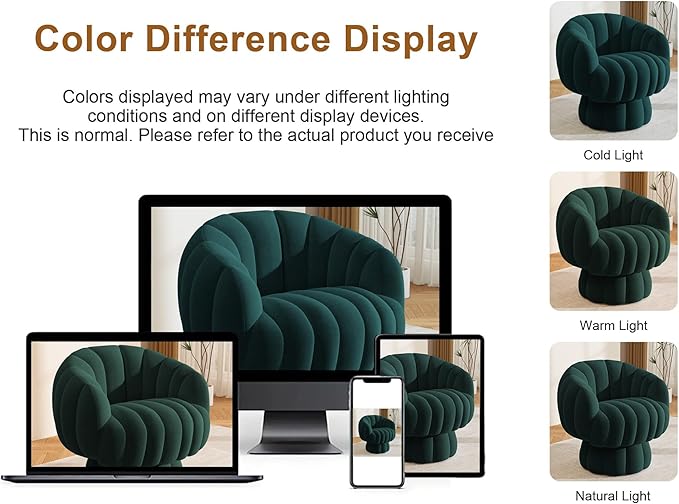 Mid Century Modern 360 Degree Barrel Swivel Accent Sofa Chair,Fluffy Velvet Fabric Lounge Wide Upholstered Pumpkin Reading Chair, Round Cloud Armchair for Living Room,Bedroom,Vanity(Green)