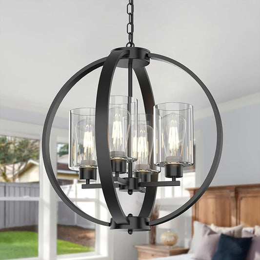4-Light Black Chandelier Light Fixture, 18in Farmhouse Dining Room Chandeliers with Glass Shade Globe Lighting Fixtures Modern Pendant Lamp for Kitchen Island Entrance Foyer Living Room