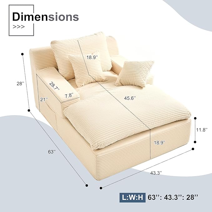 63" Oversized Chaise Lounge Chair Indoor, Extra Cloud Layer, Convertible Sleeper Sofa Couch with Removable Pillows & Side Pockets, Corduroy Upholstered Sofa Bed with Armrests for Living Room, Beige