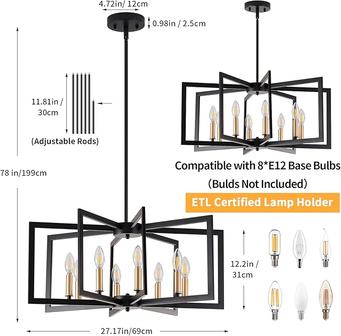 Black Chandelier for Dining Room, 8-Light Kitchen Chandelier Light Fixture Modern Metal Industrial Large Chandeliers for Farmhouse Entryway Living Room (Black Gold)