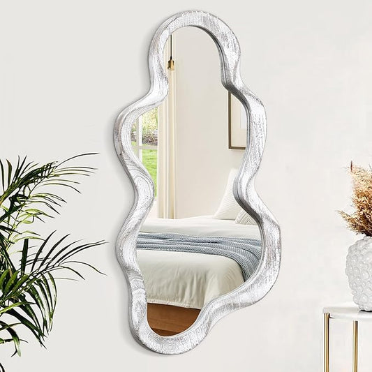 Asymmetrical Mirror Large Irregular Wall Mirror Modern Wood Frame Unique Artistic Mirrors Cute and Stylish Cloud Wavy Mirror Decorative for Cloakroom Bedroom Living Room Bathroom Entryway White