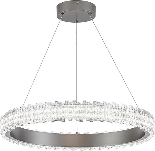 Modern Silver Grey Led Pendant Light,36W Dimmable LED Chandelier Lighting Fixture, 1 Ring Circular Hanging Led Pendant Lighting for Living Room Dining Room Kitchen Island Foyer Office
