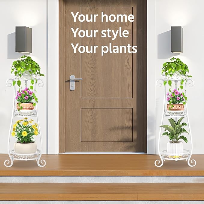 LASZOLA 3 Tier White Metal Plant Stand for Multiple Large Planters Indoor Outdoor Organizer, Heavy Duty Tall Flower Stand for Corner Patio Bathroom Office, Modern Sturdy Vertical Iron Rack, Cat Proof